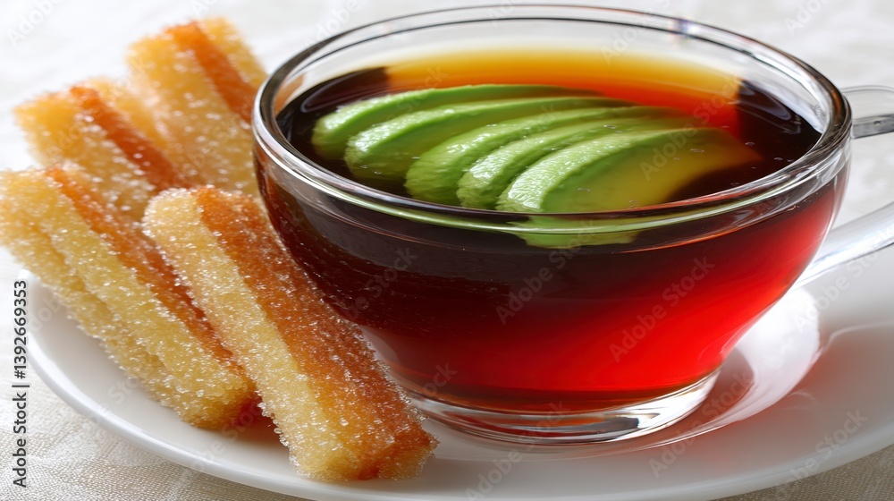 Sliced avocado in a cup of dark tea accompanied by sugared breadsticks on a white plate. Sliced avocado in a cup of dark tea accompanied by sugared breadsticks on a white plate.