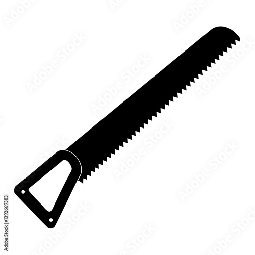 Sharp black saw blade isolated on transparent background with metal handle, tool for cutting and construction work