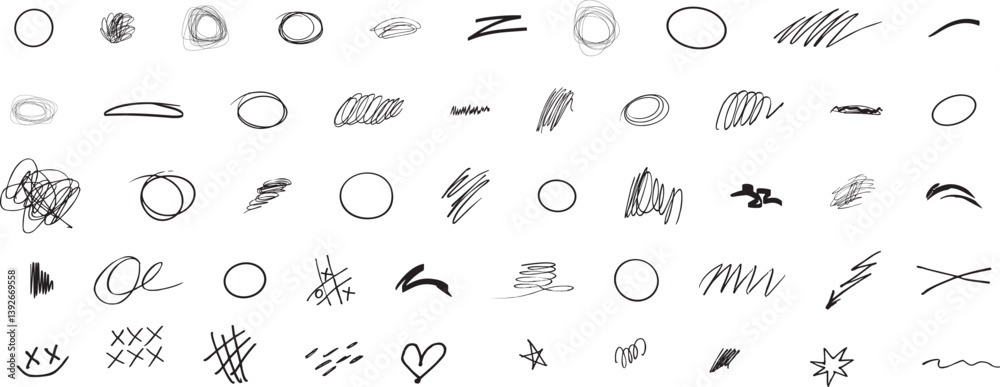 Fototapeta premium Vector set of grungy graphic elements. Street art texture hand drawn pencil underlines and strikethrough, scribble emphasis lines, crazy hatches, ovals and crosses