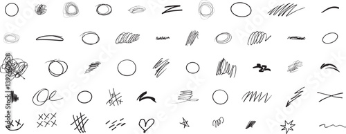 Vector set of grungy graphic elements. Street art texture hand drawn pencil underlines and strikethrough, scribble emphasis lines, crazy hatches, ovals and crosses