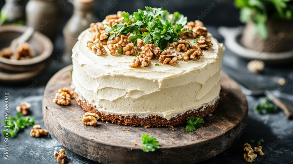 custom made wallpaper toronto digitalCreamy Nut Topped Cake with Whipped Frosting and Fresh Herbs on Rustic Wooden Table Surrounded by Vintage Utensils and Nuts in Natural Light