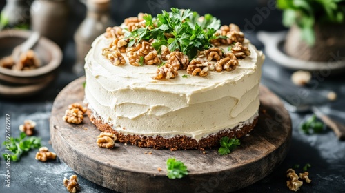 Wallpaper Mural Creamy Nut Topped Cake with Whipped Frosting and Fresh Herbs on Rustic Wooden Table Surrounded by Vintage Utensils and Nuts in Natural Light Torontodigital.ca