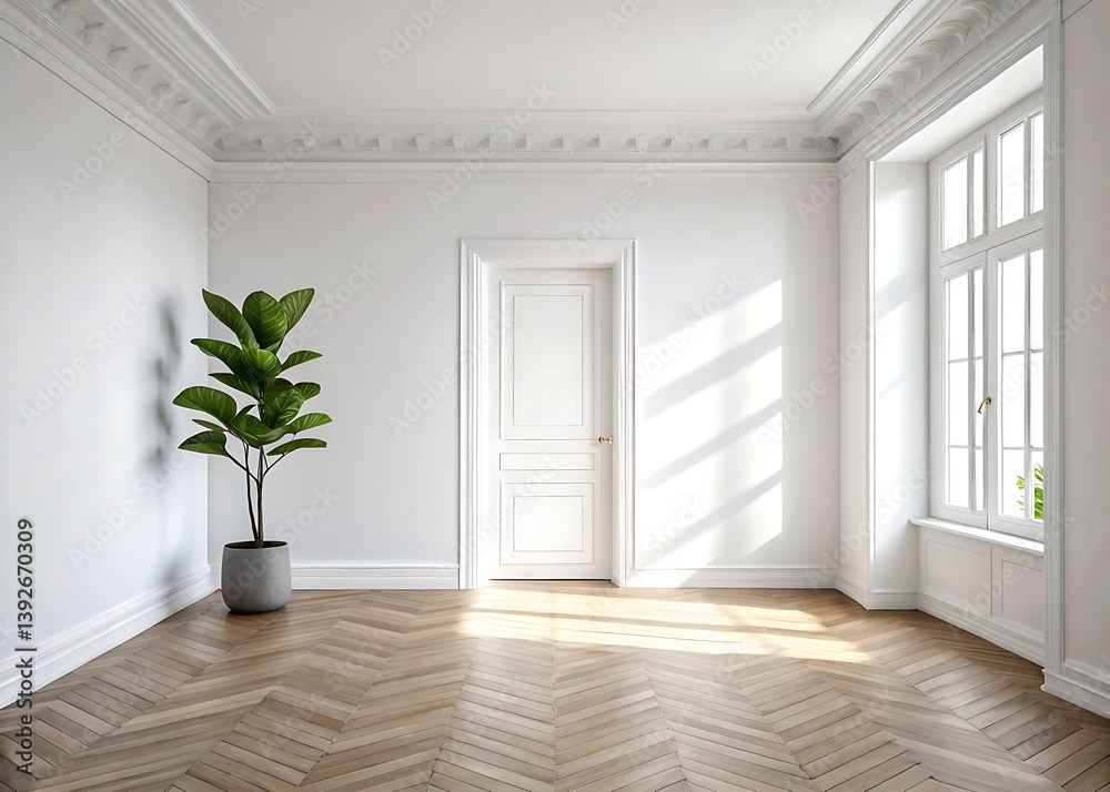 Obraz premium Minimalist Interior with Potted Plant and Herringbone Wood Floor