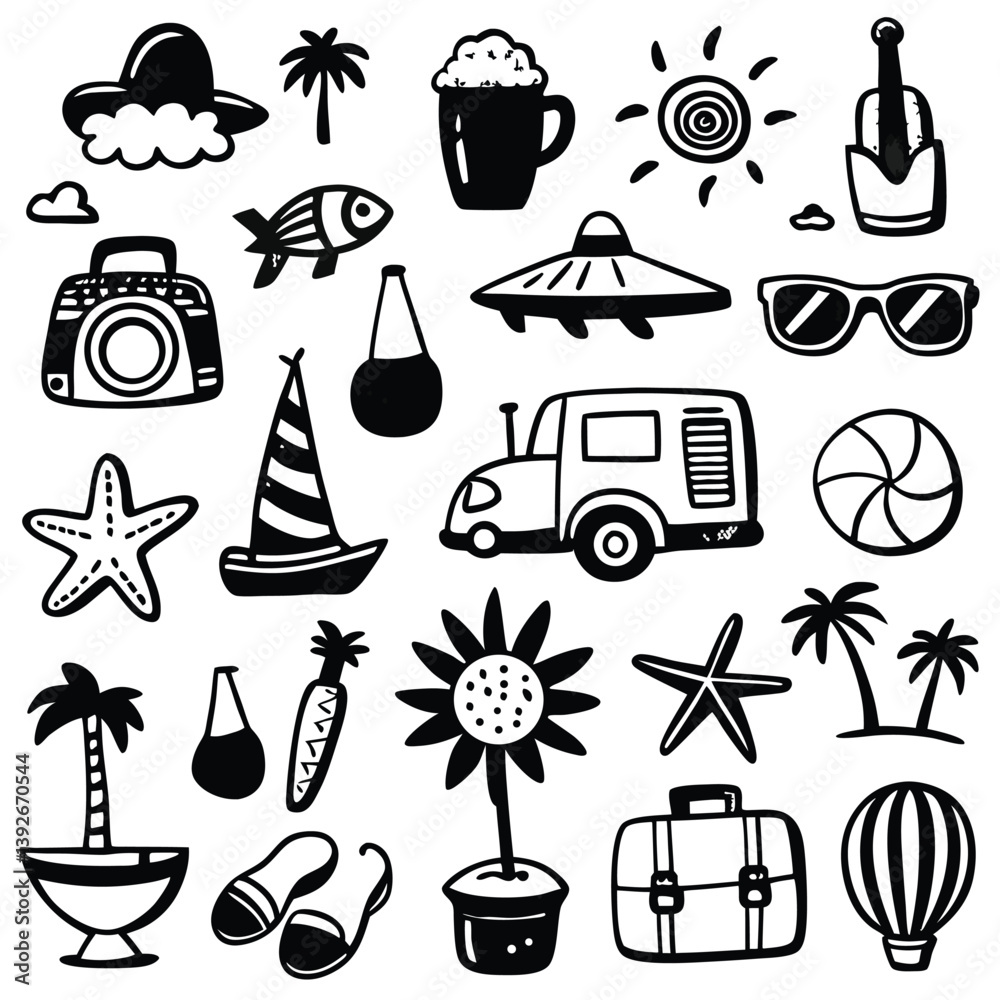 Fototapeta premium Summer Doodle Icon Set, Hand Drawn Black and White Collection