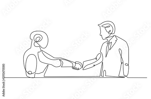 Continuous one line drawing of Robot shaking hands with businessman. Single line drawing illustration of robot with businessman. Innovation concept vector art. Doodle line illustration.