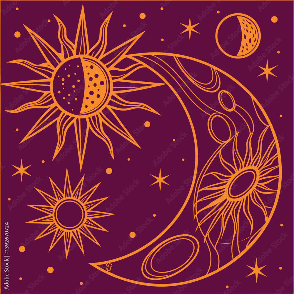 Gold Line Art Lunar Phases And Celestial Elements With Detailed Moon Surface On Midnight Blue Background For Mystical Astronomy Inspired Design Collection
