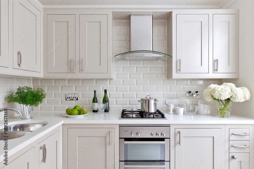 A clean minimalist kitchen with a single pot on the stove and neutral color palette A clean minimalist kitchen with a single pot on the stove and neutral color palette