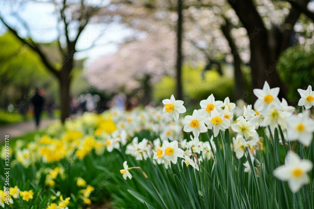 Field of daffodils blooms in park, people blurred in distance Field of daffodils blooms in park, people blurred in distance