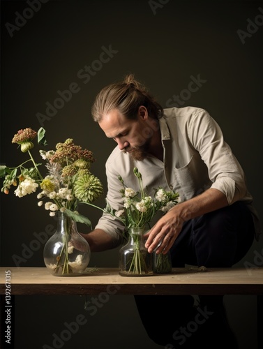 Florist at work in his studio. A flower shop worker creates a bouquet.