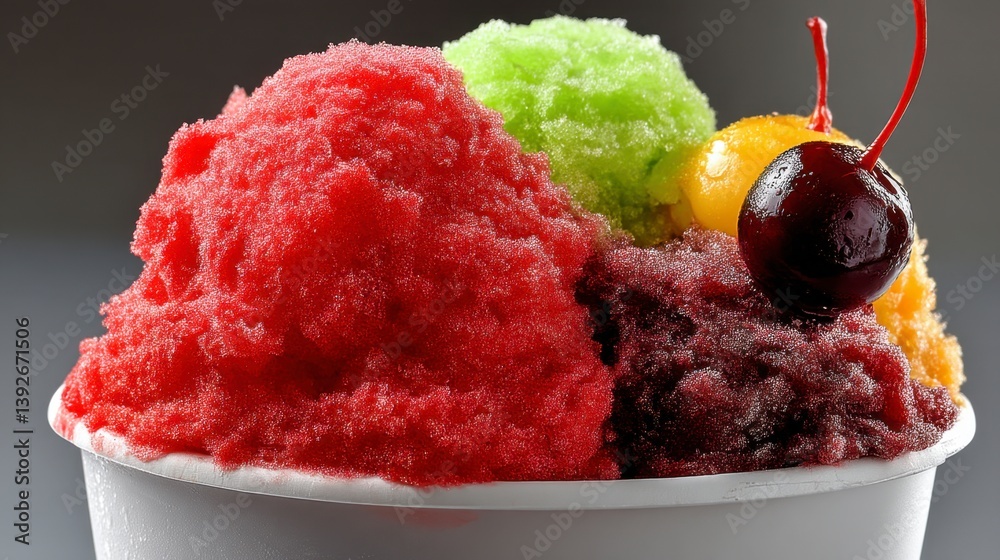Close up of a colorful shaved ice dessert in a white cup, garnished with cherries.