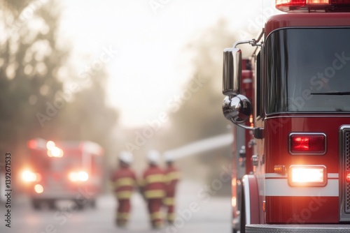 red fire truck parked with firefighters in background blurred to emphasize vehicle bathed in morning light