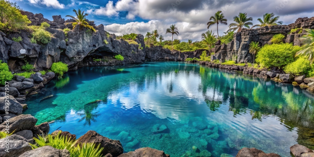 Turquoise waters reflect off the black volcanic glass of a unique pool created by ancient lava flows, set amidst lush greenery and tropical plants , unique landscapes, geological formations Turquoise waters reflect off the black volcanic glass of a unique pool created by ancient lava flows, set amidst lush greenery and tropical plants , unique landscapes, geological formations