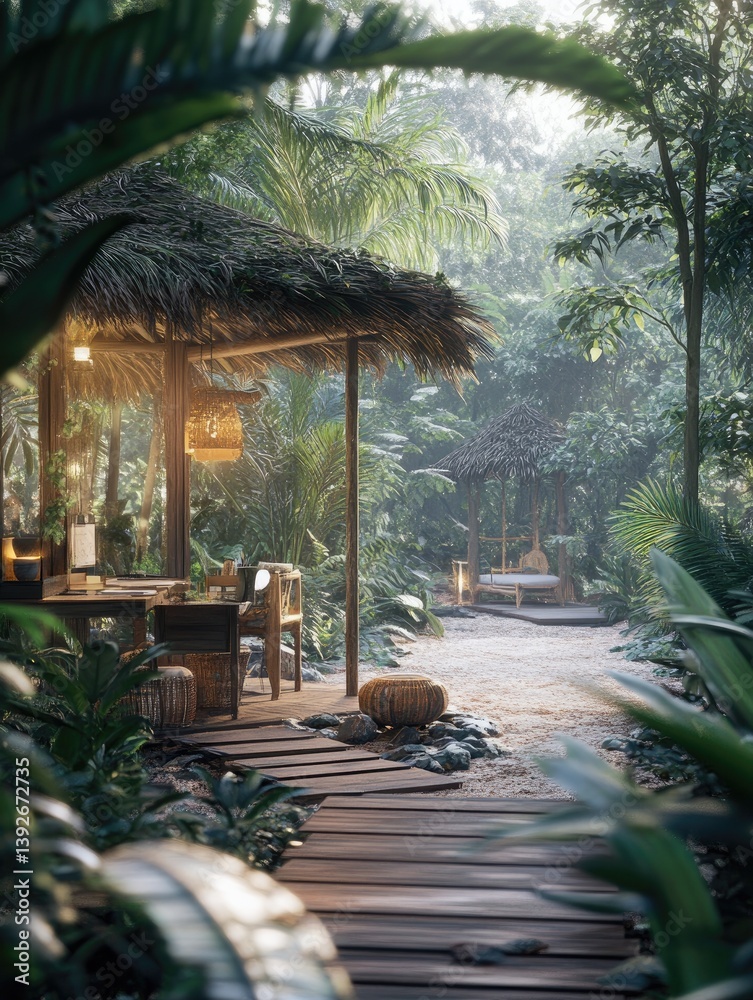 Tropical Jungle Retreat for Wooden Path, Dawn. Tropical Jungle Retreat for Wooden Path, Dawn.