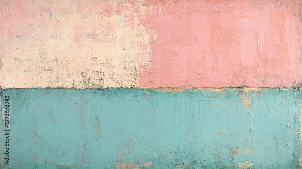Obraz premium Abstract color block painting featuring a textured pink upper section and a teal lower section, creating a serene, minimalist landscape