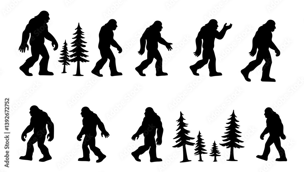 Naklejka premium bold bold bigfoot funny silhouette set, retro bigfoot svg for sublimation, forest adventure bigfoot cut file, bigfoot walking silhouette vector art, layered bigfoot