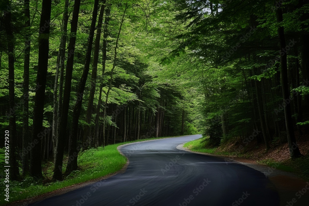 Fototapeta premium Forest road curves beneath green canopy