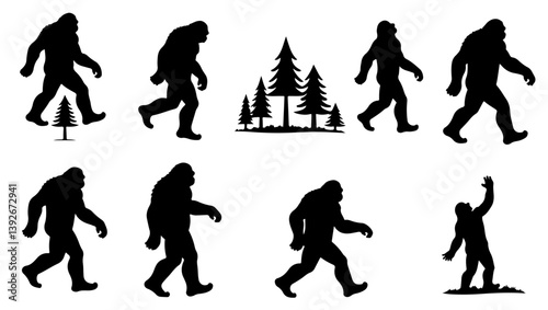 bold bold bigfoot funny silhouette set, retro bigfoot svg for sublimation, forest adventure bigfoot cut file, bigfoot walking silhouette vector art, layered bigfoot