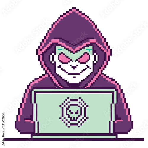 Pixel Art Hacker in Hood, Cartoon Character Using Laptop with Skull, Transparent