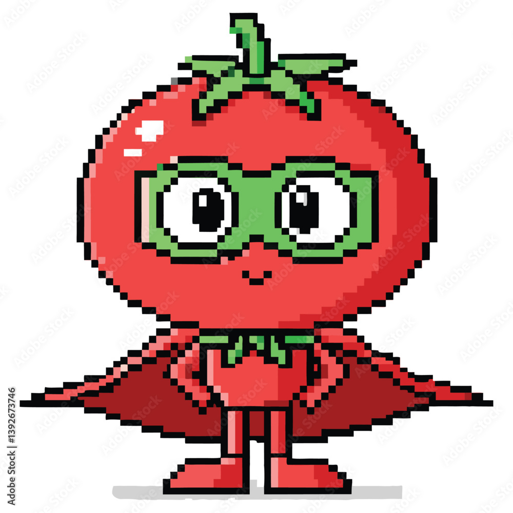 Fototapeta premium Pixel Art Superhero Tomato with Cape and Mask on White Background