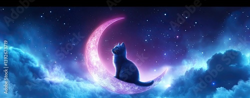 Cat silhouette against a cosmic night sky.