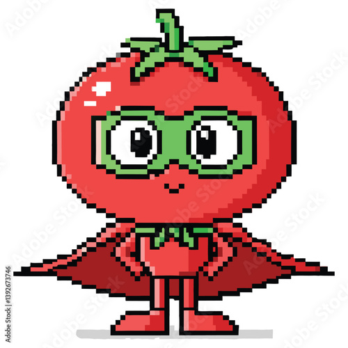 Pixel Art Superhero Tomato with Cape and Mask on White Background