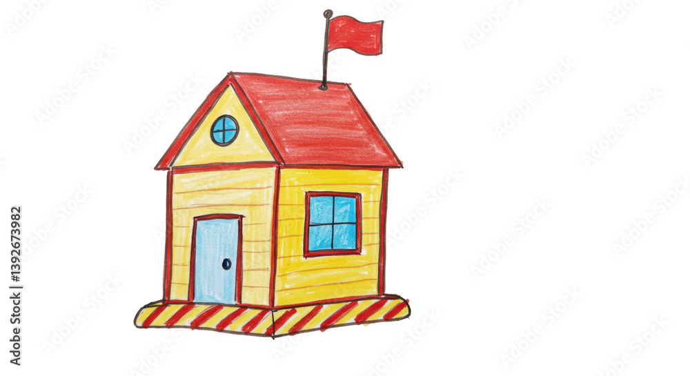 Isolated Child's Drawing of a Playful Yellow House with Red Roof Isolated Child's Drawing of a Playful Yellow House with Red Roof