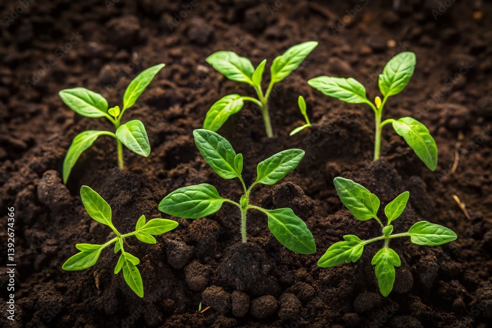 Vibrant Green Tomato Seedlings Emerging from Dark Soil A CloseUp of Early Growth and Healthy Seed Starting Vibrant Green Tomato Seedlings Emerging from Dark Soil A CloseUp of Early Growth and Healthy Seed Starting