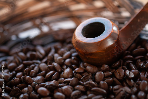Still life, Pipe and coffee, close-up photo 