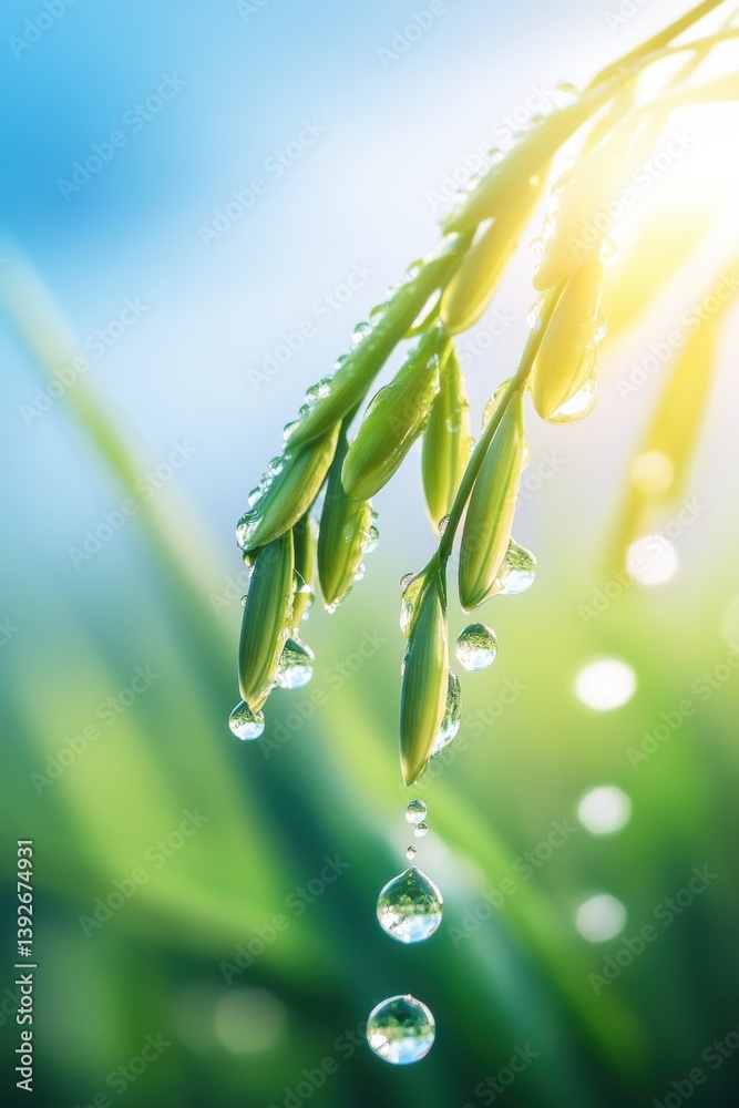 Lush green plants in Spring rain.