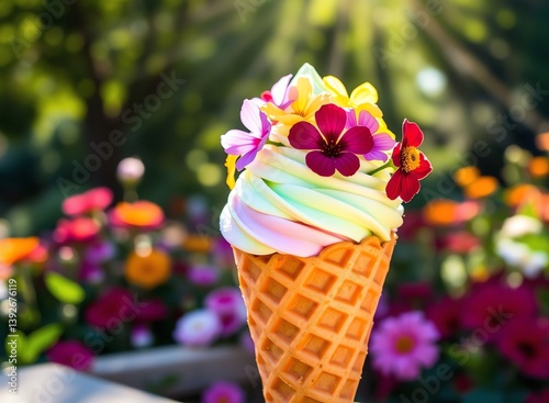 an image of a waffle cone with a flower on top, there is a waffle cone with a flower on top of it