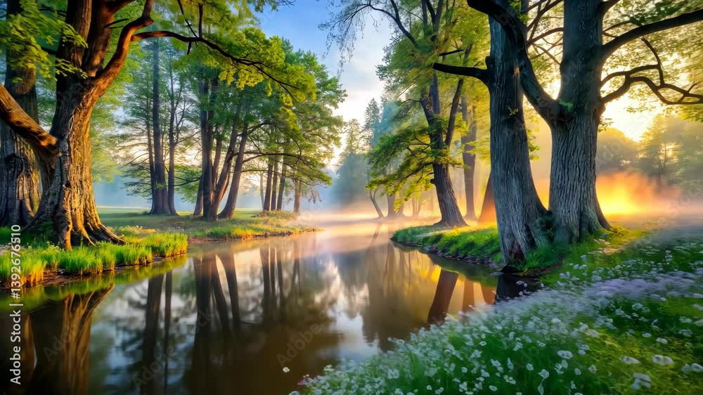 Serene Sunrise Over a Misty River A Tranquil Nature Escape Serene Sunrise Over a Misty River A Tranquil Nature Escape