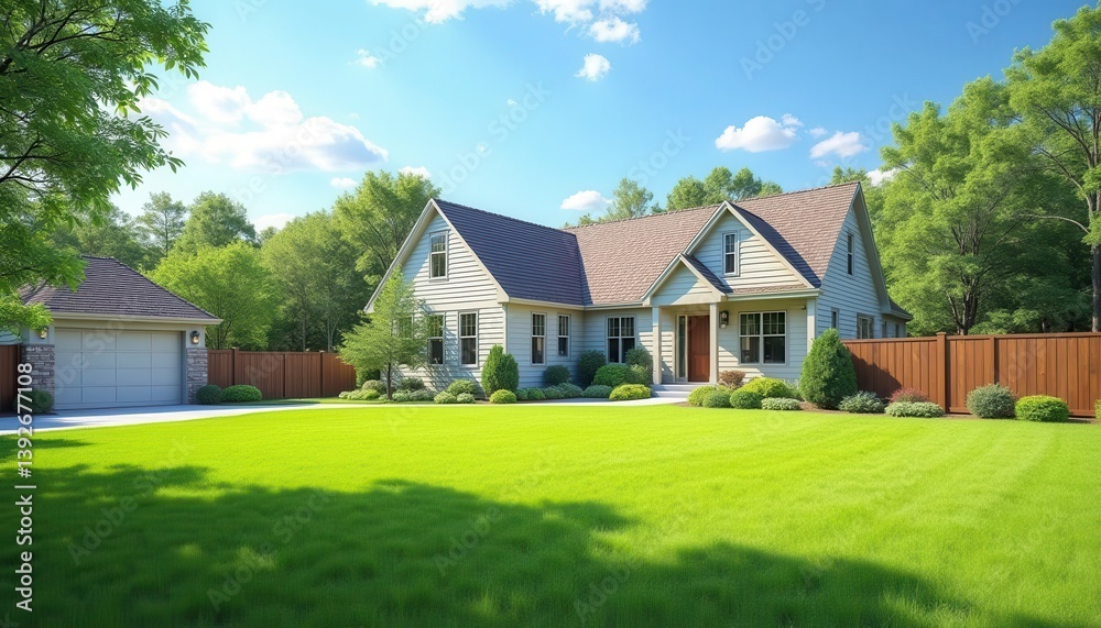 Fototapeta premium Beautiful suburban house with landscaped lawn, trees, and blue sky on a sunny day