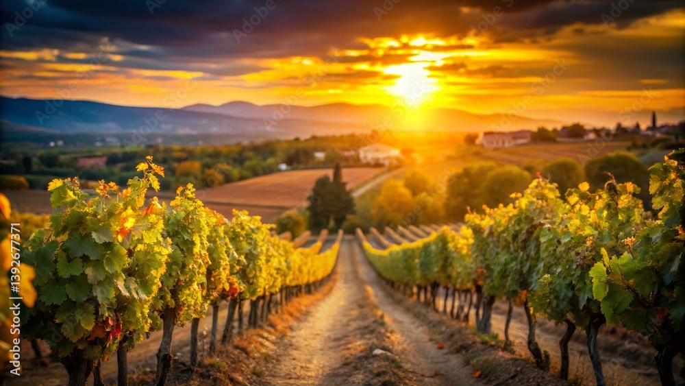 Naklejka premium Stunning Languedoc Vineyards at Sunset A BokehEnhanced View of French Wine Country
