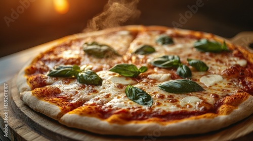 Freshly baked pizza with mozzarella and basil photo
