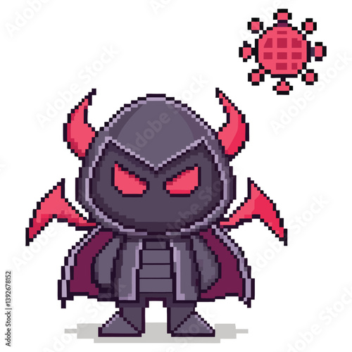 Pixel Art Grim Reaper with Red Accents and Coronavirus on Transparent