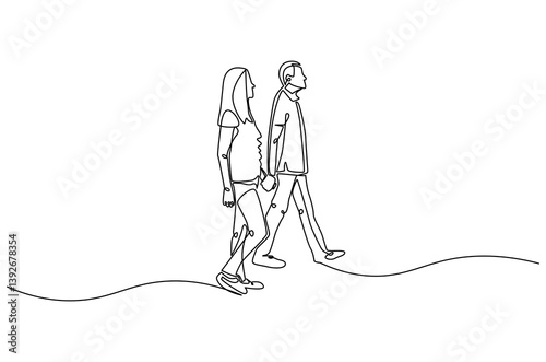 Continuous one line drawing of young Couple Walking Together. Single line drawing illustration of romantic couple holding hands. Romance concept vector art. Doodle line illustration.