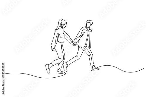 Continuous one line drawing of young Couple Walking Together. Single line drawing illustration of romantic couple holding hands. Romance concept vector art. Doodle line illustration.