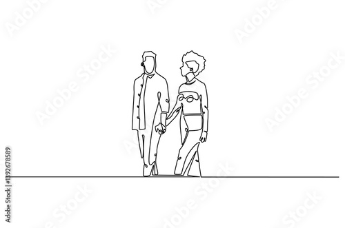 Continuous one line drawing of young Couple Walking Together. Single line drawing illustration of romantic couple holding hands. Romance concept vector art. Doodle line illustration.