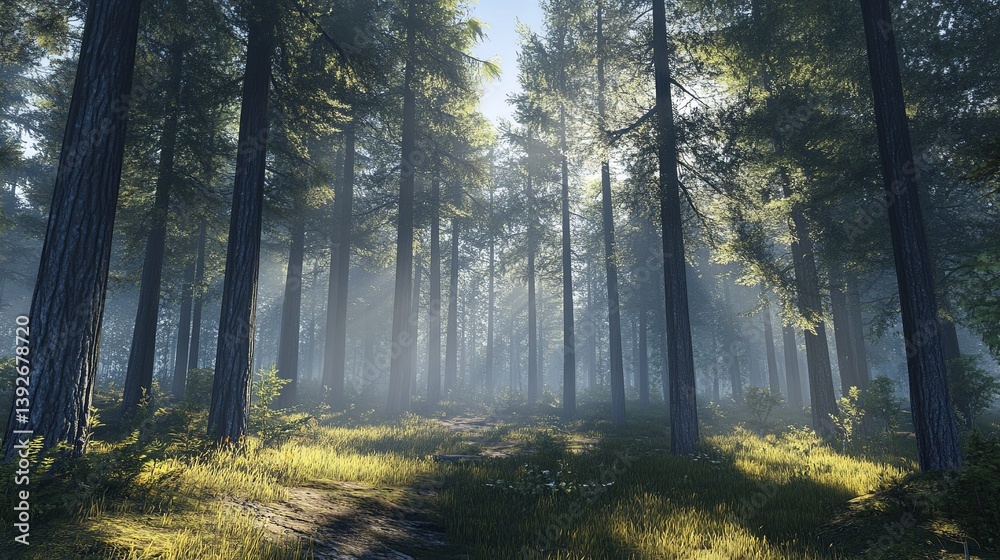 Obraz premium Morning sunlight streaming through tall pine trees pic