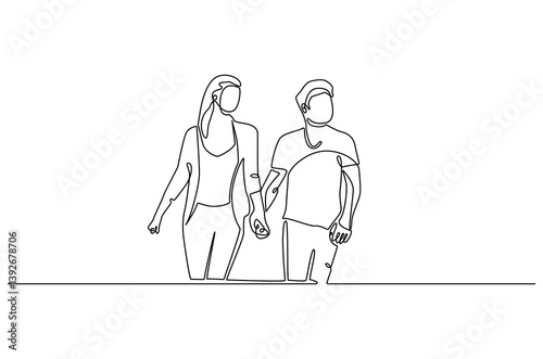 Continuous one line drawing of young Couple Walking Together. Single line drawing illustration of romantic couple holding hands. Romance concept vector art. Doodle line illustration.