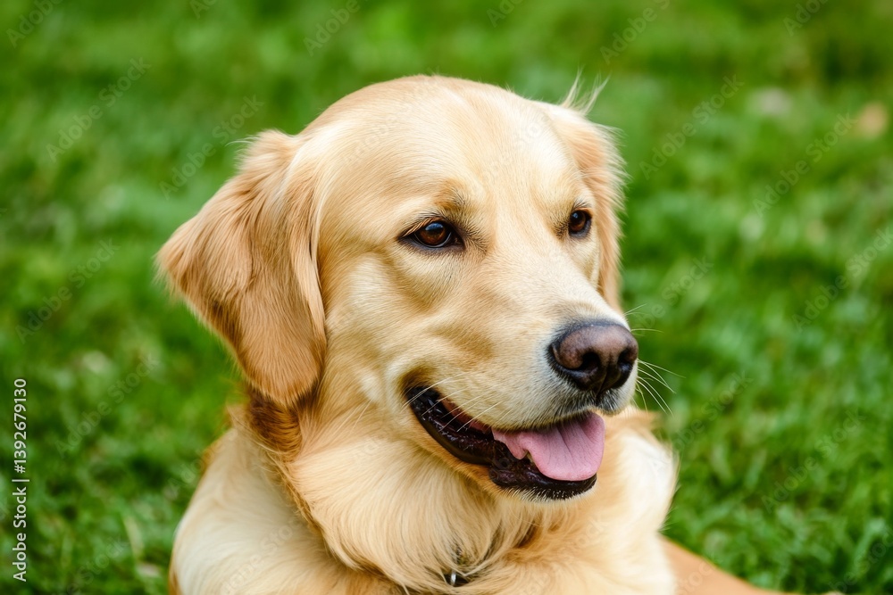 Golden retriever headshot on green grass, mouth slightly open Golden retriever headshot on green grass, mouth slightly open
