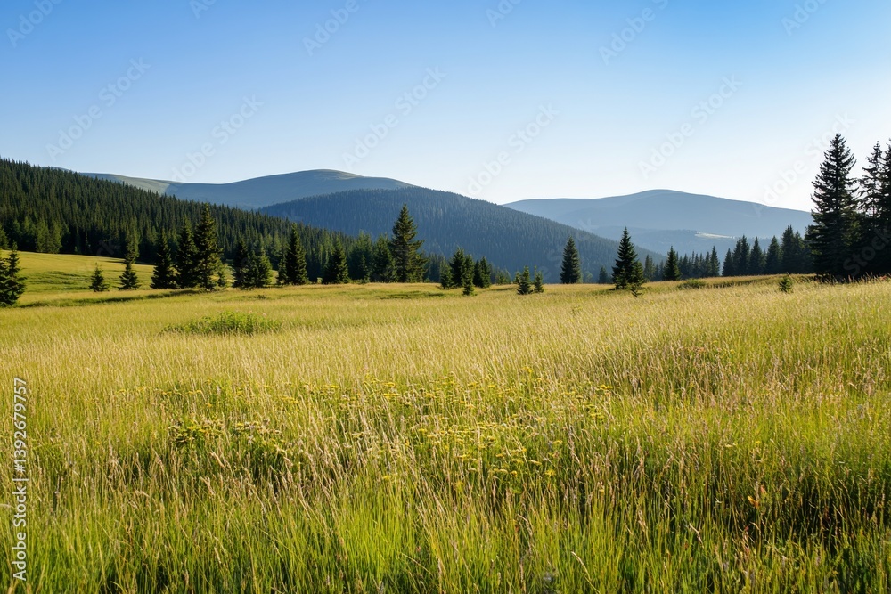 Grassy field meets forested hills under a clear sky. Nature abounds Grassy field meets forested hills under a clear sky. Nature abounds