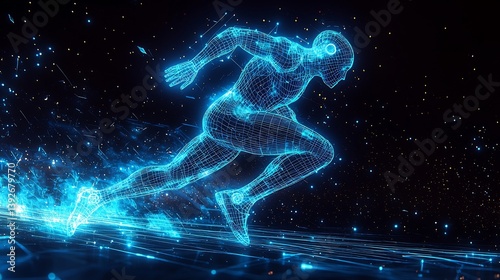 Futuristic glowing blue wireframe humanoid figure mid sprint composed of intricate neon digital line figure emits soft luminescent glow energy pulse radiating motion background sleek modern gradient