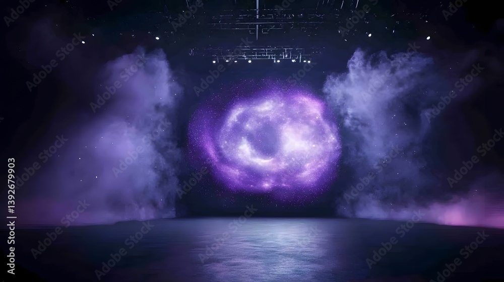 A vibrant stage featuring a cosmic purple backdrop with swirling clouds, creating an otherworldly atmosphere.