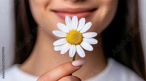 Close-up of a woman's face, slightly out of focus, holding a single white daisy flower in her fingers.