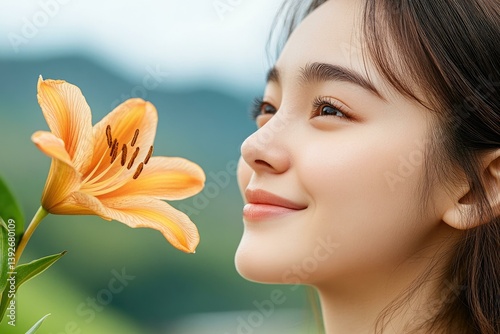 A young woman with flawless skin and long brown hair smelling a delicate orange lily against a blurred green and blue mountain background.