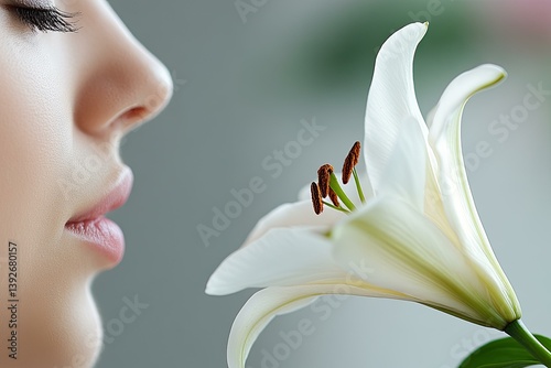 Close-up of a Woman's Face and a White Lily, Inhaling the Flower's Fragrance