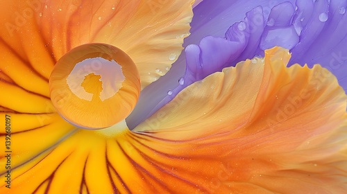 A vibrant floral composition featuring water droplets and reflections
