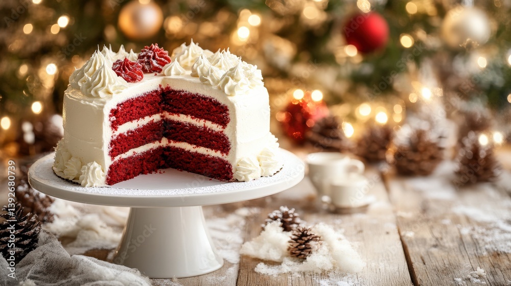 Festive Red Velvet Cake Displayed with Creamy Frosting and Holiday Decorations in a Cozy Atmospheric Setting for Celebratory Moments and Sweet Treats Festive Red Velvet Cake Displayed with Creamy Frosting and Holiday Decorations in a Cozy Atmospheric Setting for Celebratory Moments and Sweet Treats