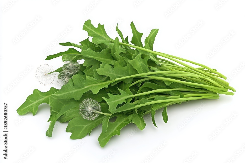 A bunch of fresh arugula leaves with dandelion seed heads on a plain white surface showing detail A bunch of fresh arugula leaves with dandelion seed heads on a plain white surface showing detail